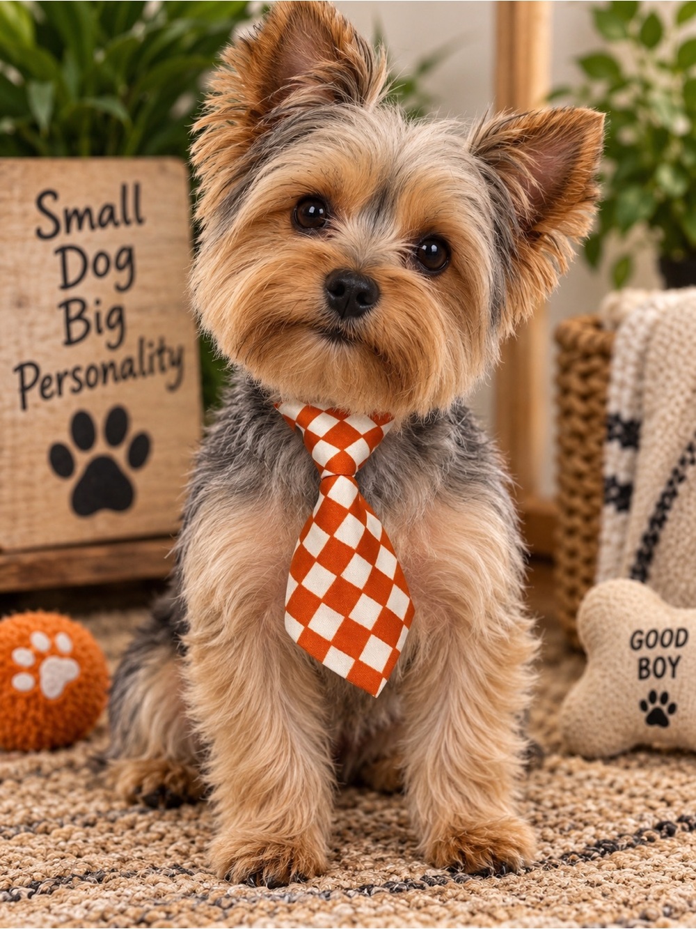 Orange White Checkered Pet Neck Tie Preppy Dog or Cat Necktie Fashion Accessory